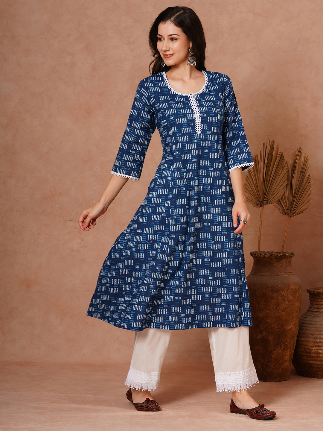 Ethnic Printed A-Line Paneled Kurta with Palazzo - Indigo