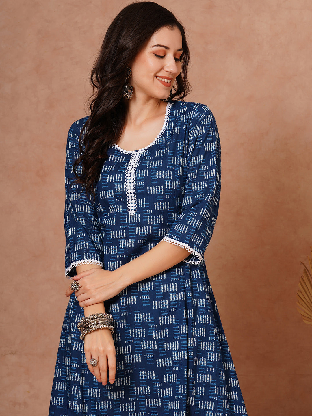 Ethnic Printed A-Line Paneled Kurta with Palazzo - Indigo