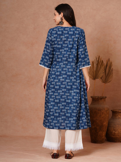 Ethnic Printed A-Line Paneled Kurta with Palazzo - Indigo