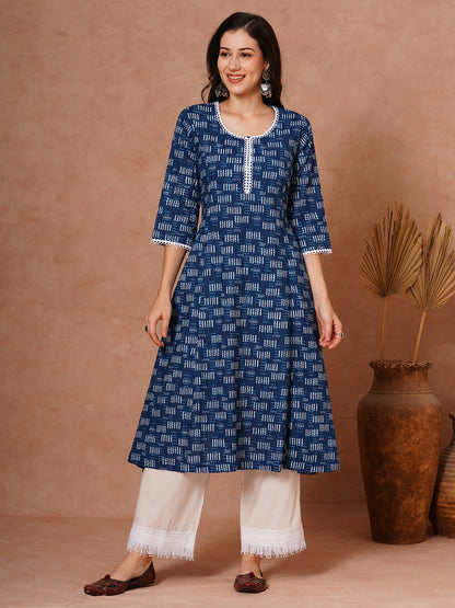 Ethnic Printed A-Line Paneled Kurta with Palazzo - Indigo