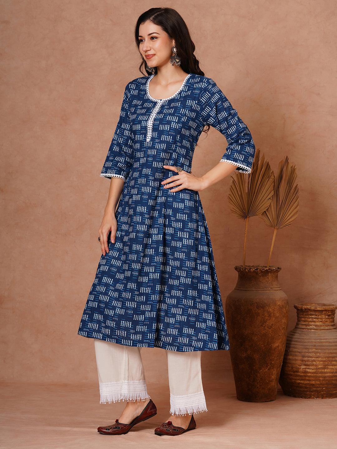 Ethnic Printed A-Line Paneled Kurta with Palazzo - Indigo