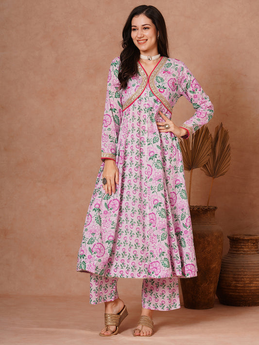 Ethnic Floral Printed & Embroidered Anarkali Kurta with Pant - Purple