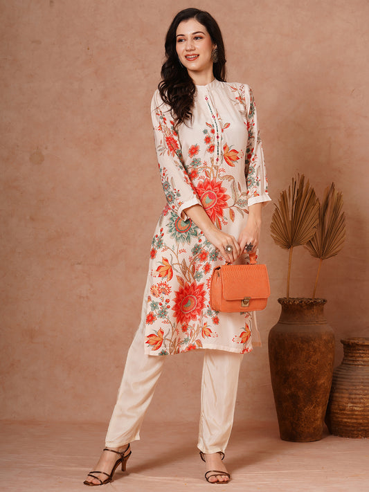 Floral Printed Straight Fit Kurta with Pant - Off White