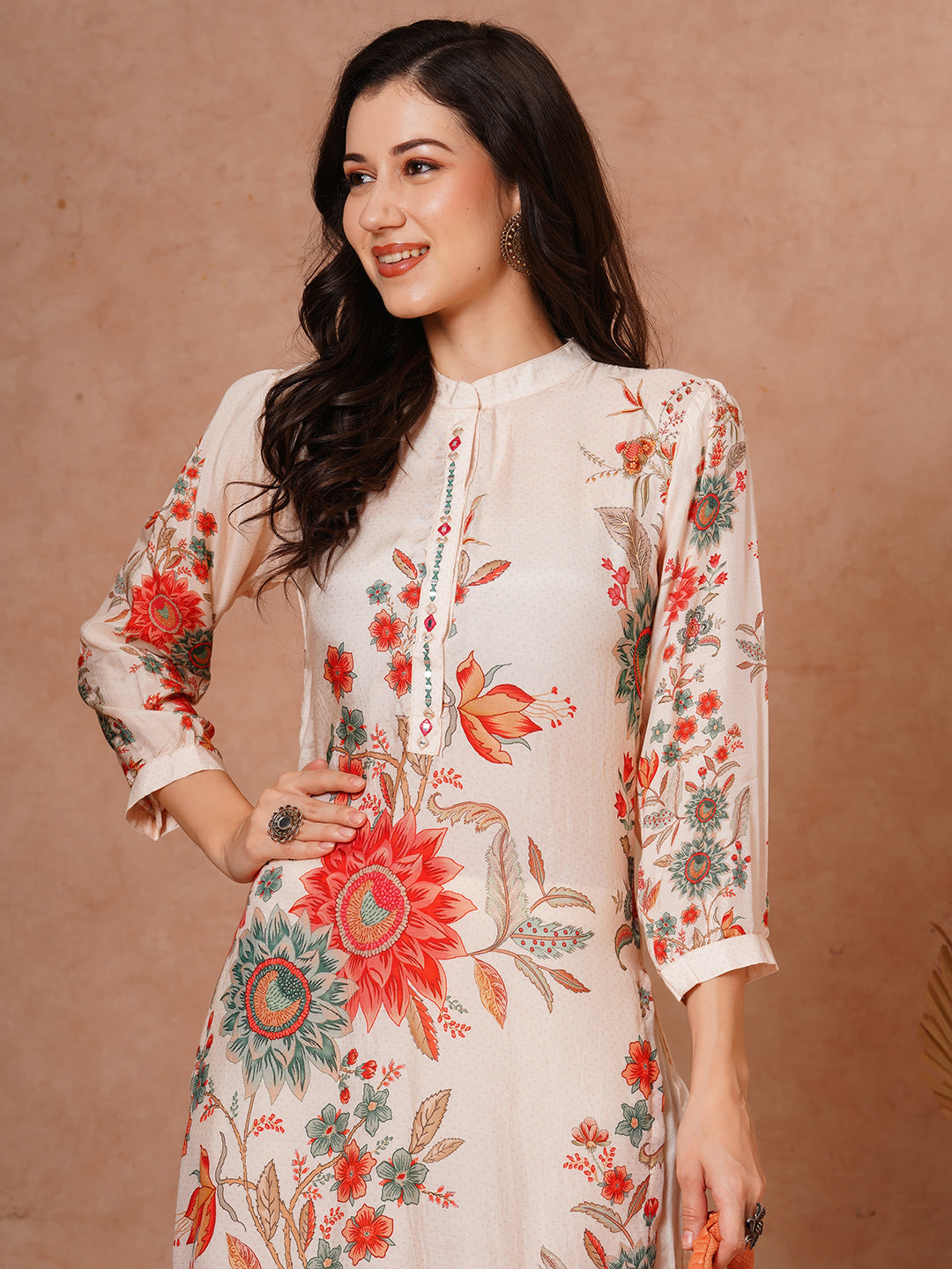 Floral Printed Straight Fit Kurta with Pant - Off White