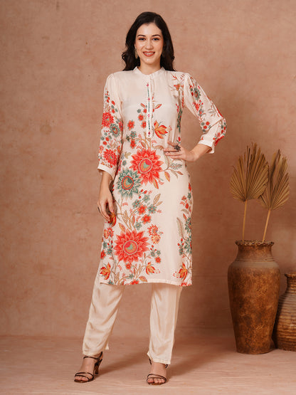 Floral Printed Straight Fit Kurta with Pant - Off White