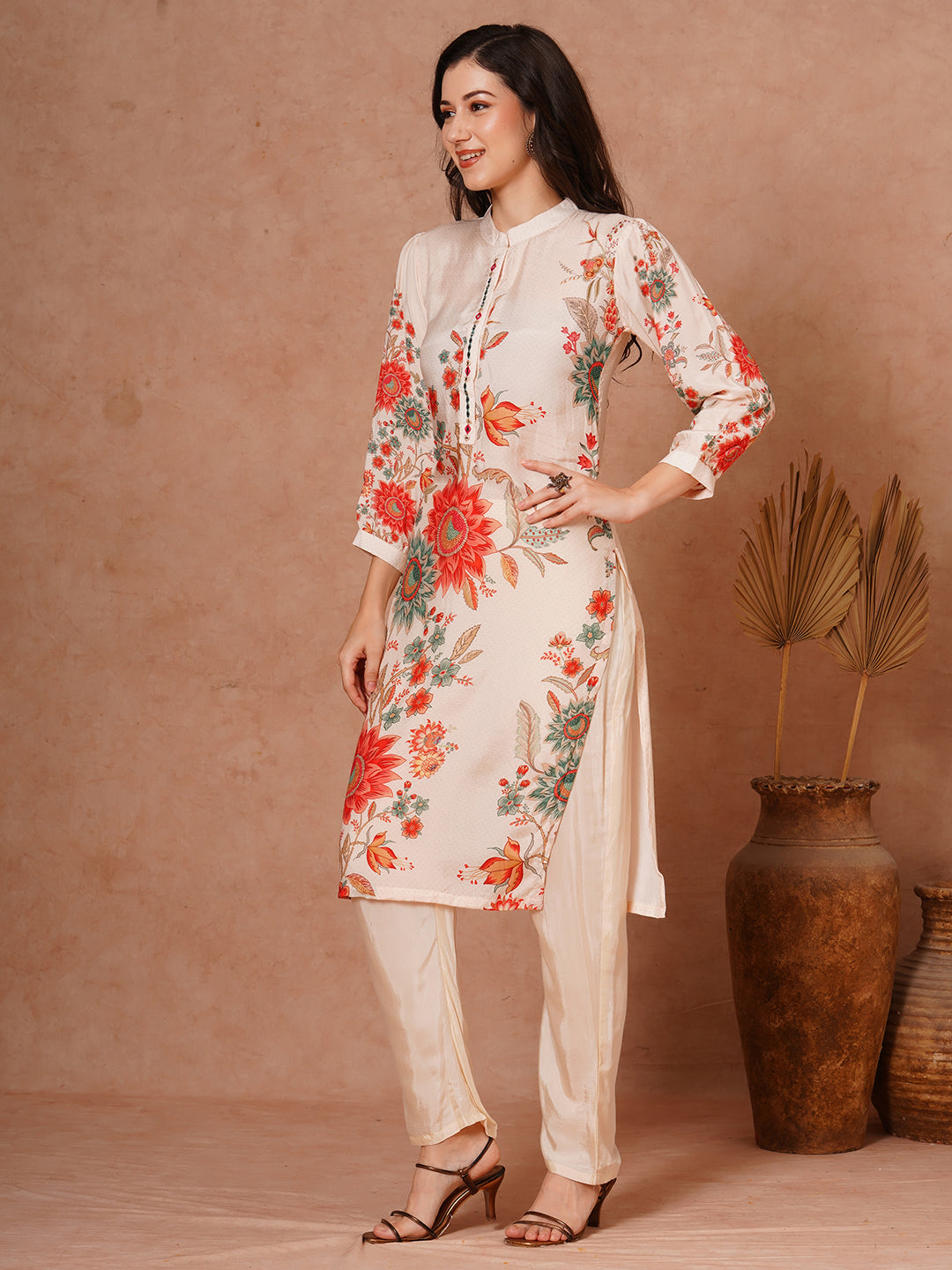 Floral Printed Straight Fit Kurta with Pant - Off White