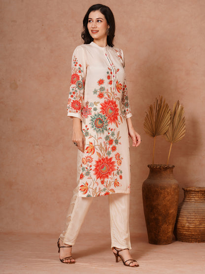 Floral Printed Straight Fit Kurta with Pant - Off White