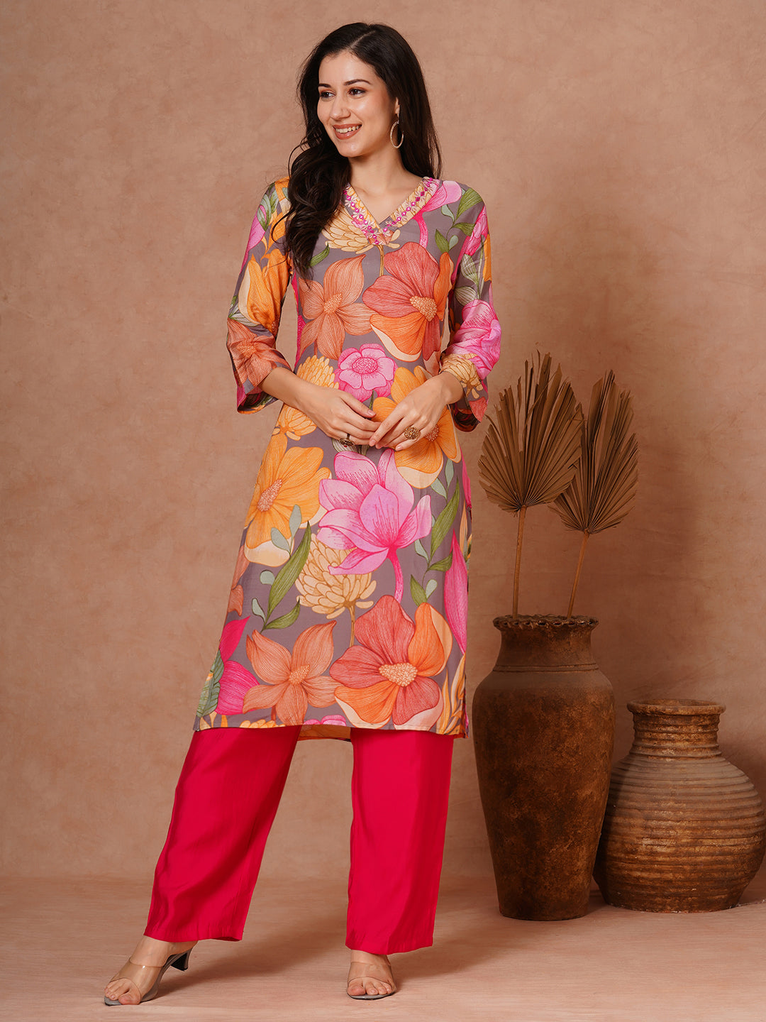 Abstract Floral Printed Straight Fit Kurta with Palazzo - Multi