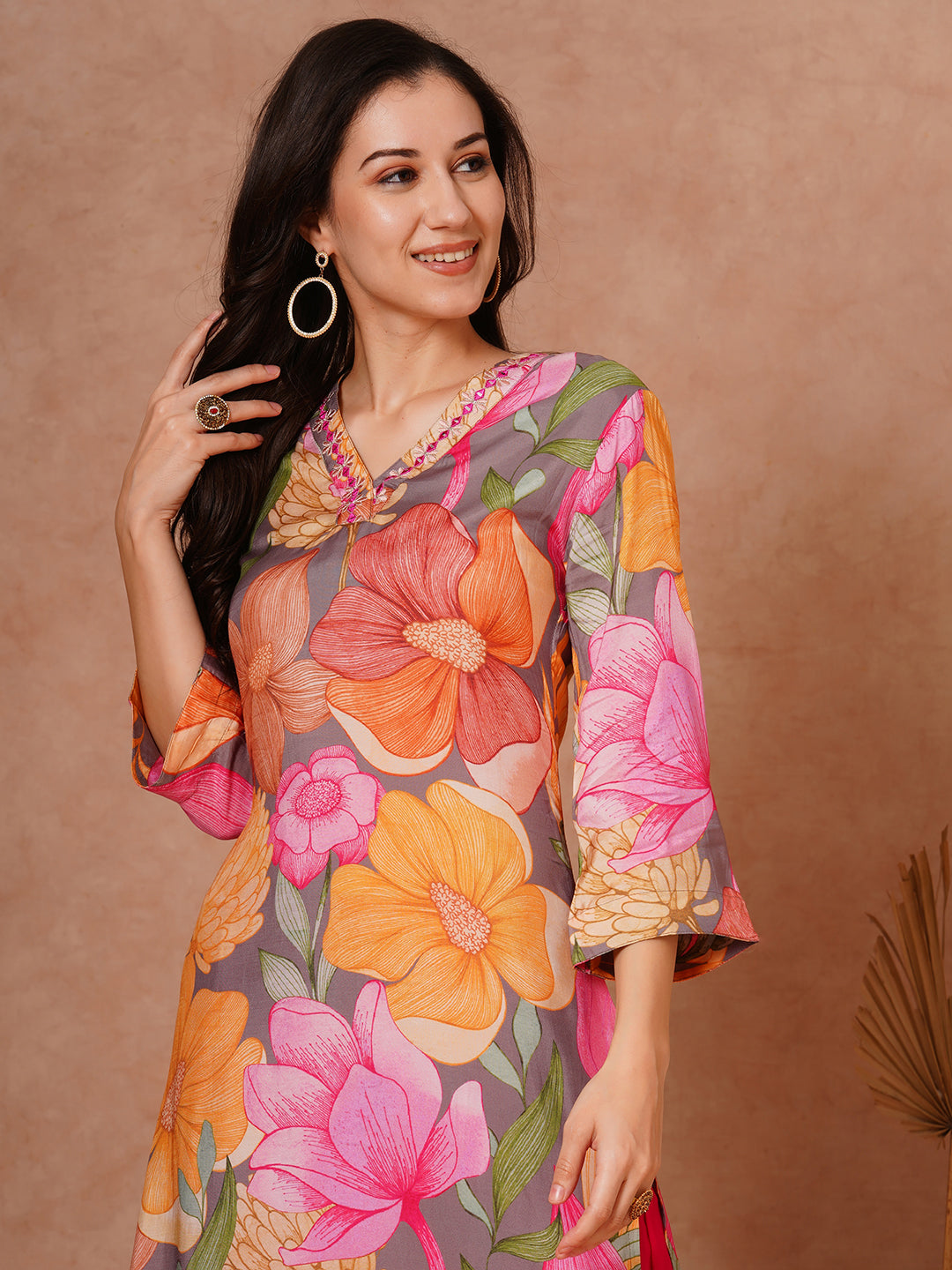 Abstract Floral Printed Straight Fit Kurta with Palazzo - Multi