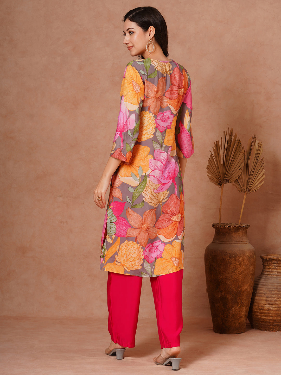 Abstract Floral Printed Straight Fit Kurta with Palazzo - Multi