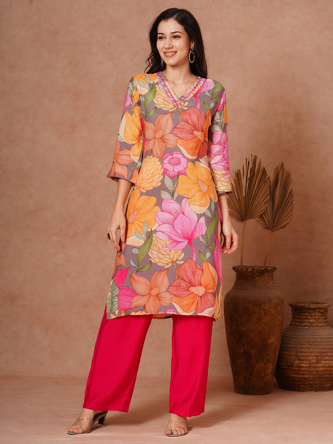 Abstract Floral Printed Straight Fit Kurta with Palazzo - Multi