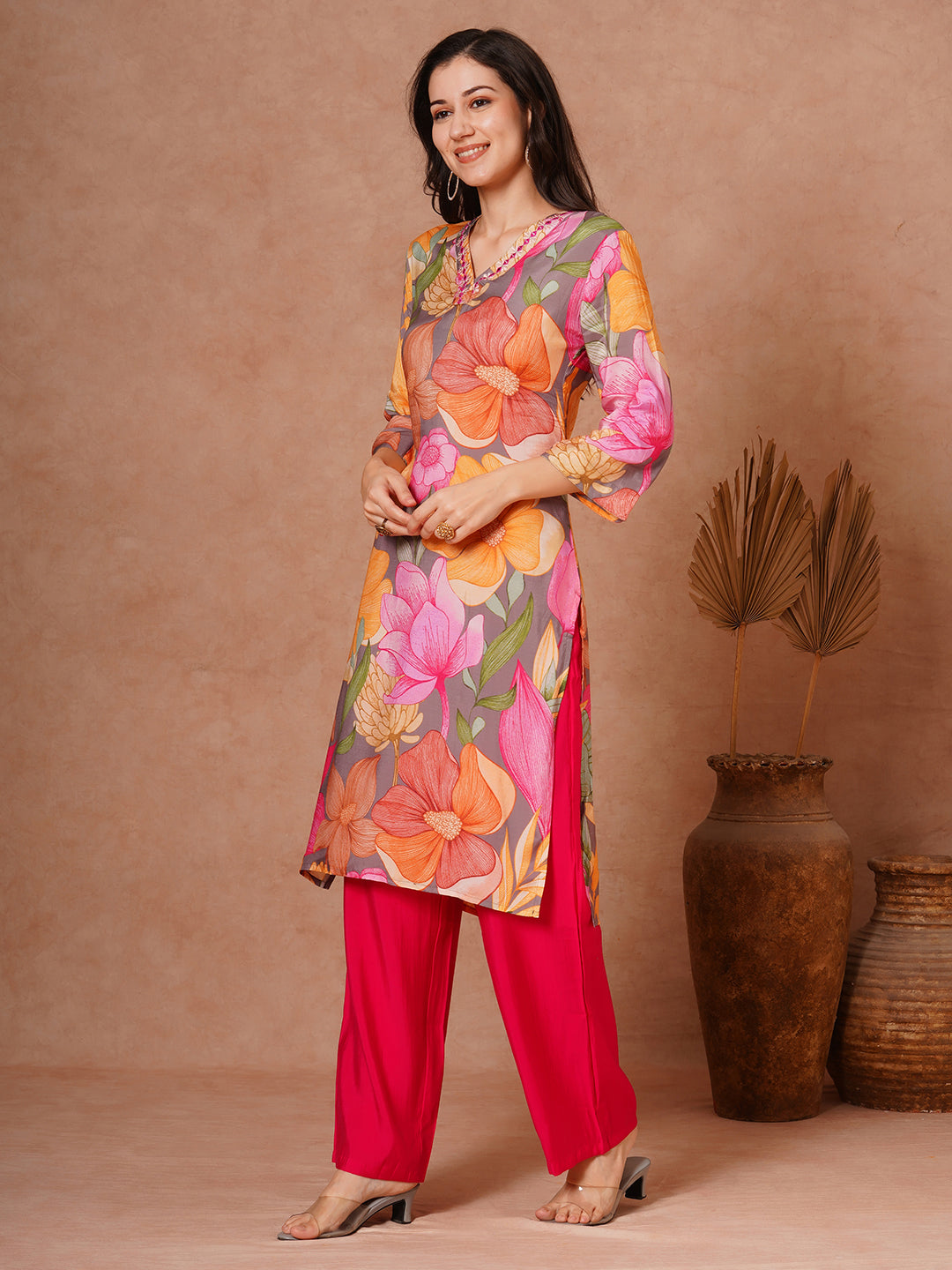 Abstract Floral Printed Straight Fit Kurta with Palazzo - Multi