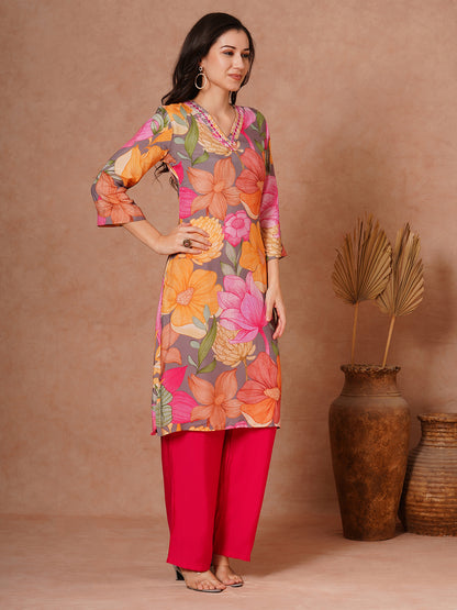 Abstract Floral Printed Straight Fit Kurta with Palazzo - Multi