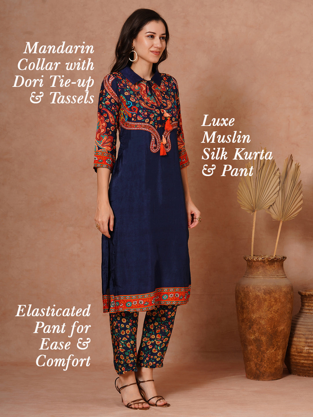 Ethnic Floral Printed Straight Fit Kurta with Pant - Blue