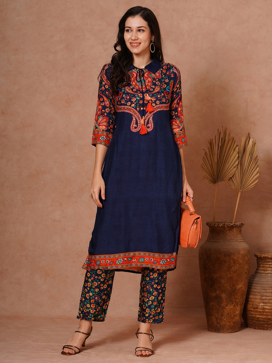 Ethnic Floral Printed Straight Fit Kurta with Pant - Blue