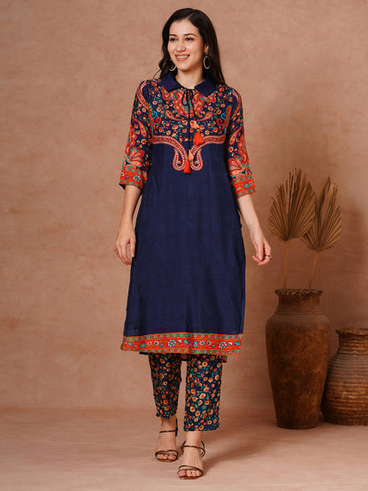 Ethnic Floral Printed Straight Fit Kurta with Pant - Blue