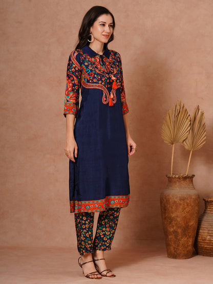 Ethnic Floral Printed Straight Fit Kurta with Pant - Blue