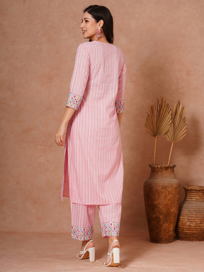 Solid Ethnic Woven & Floral Embroidered Straight Fit Kurta with Salwar - Pink