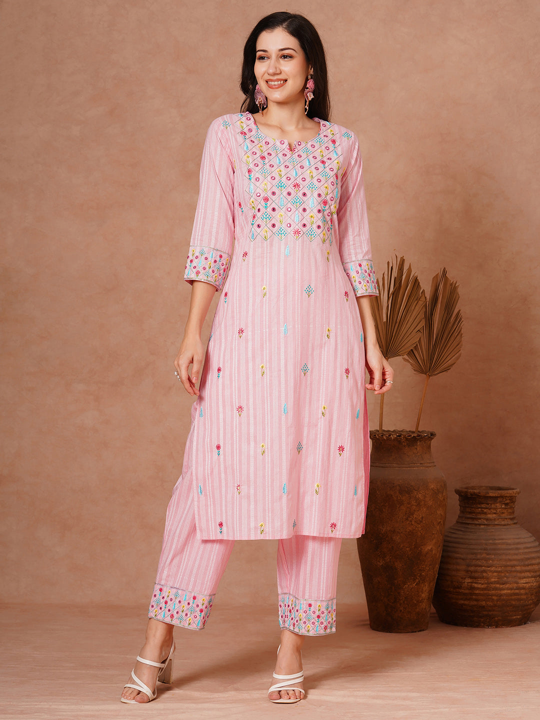 Solid Ethnic Woven & Floral Embroidered Straight Fit Kurta with Salwar - Pink