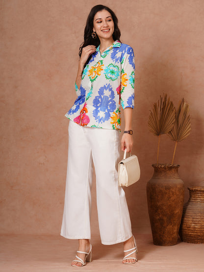 Abstract Floral Printed Straight Fit Shirt - White