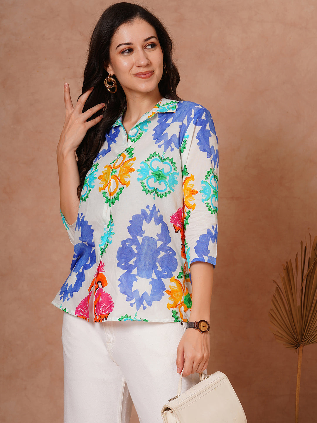 Abstract Floral Printed Straight Fit Shirt - White