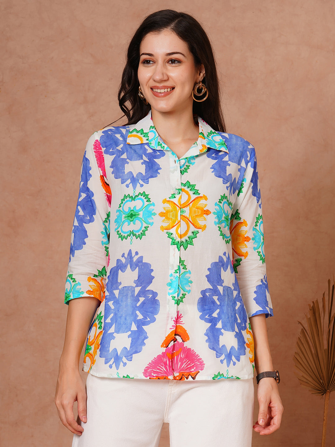 Abstract Floral Printed Straight Fit Shirt - White