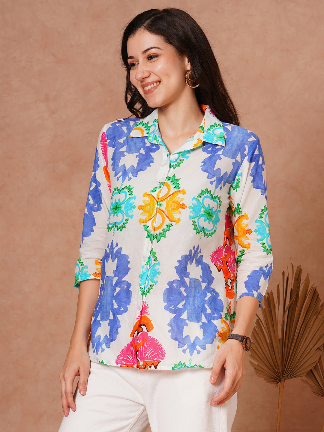 Abstract Floral Printed Straight Fit Shirt - White