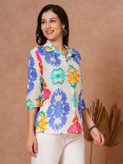 Abstract Floral Printed Straight Fit Shirt - White