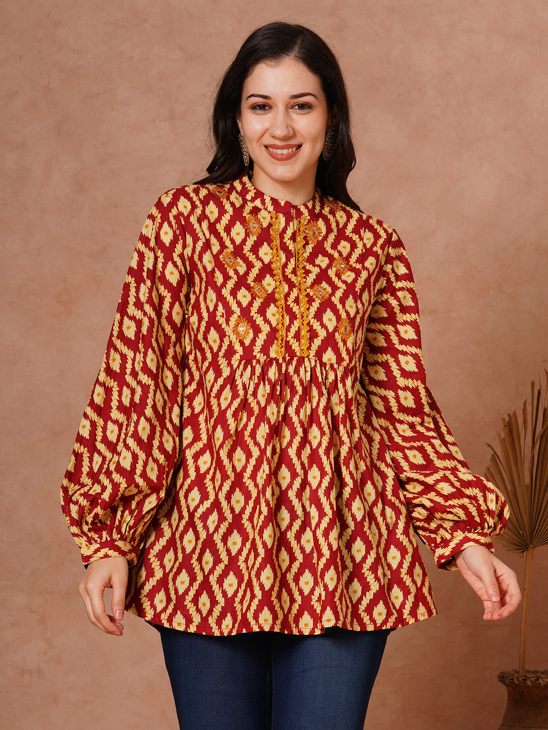 Ethnic Printed & Embroidered A-Line Pleated Short Kurti - Maroon