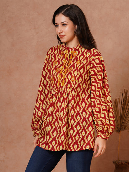 Ethnic Printed & Embroidered A-Line Pleated Short Kurti - Maroon