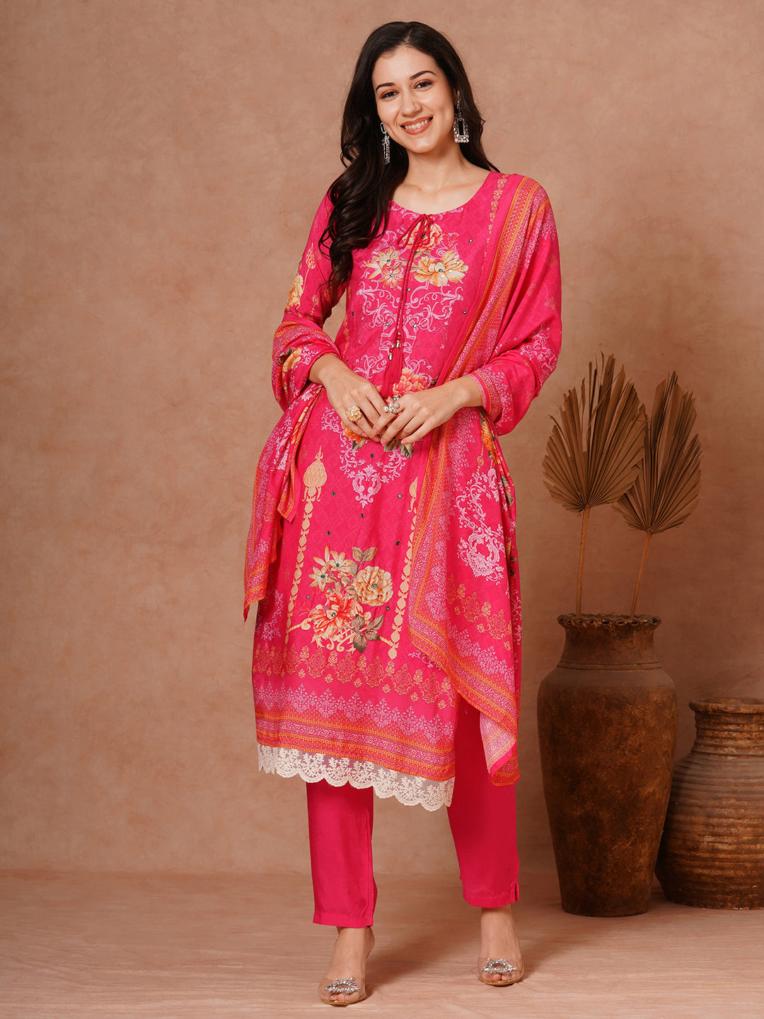 Floral Printed Embroidered Straight Fit Kurta with Pant and Dupatta - Pink