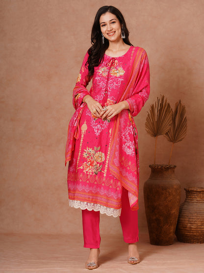 Floral Printed Embroidered Straight Fit Kurta with Pant and Dupatta - Pink