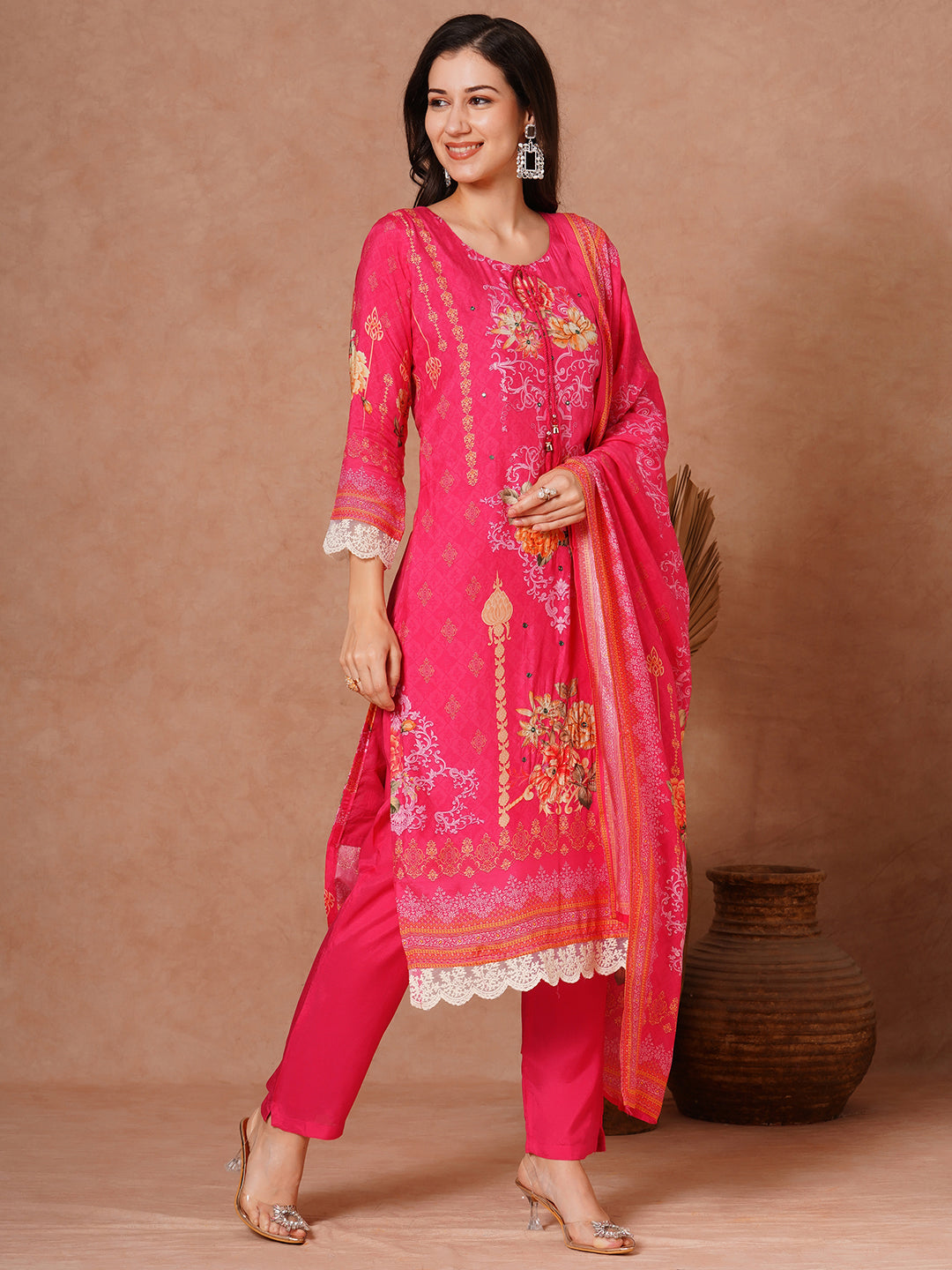 Floral Printed Embroidered Straight Fit Kurta with Pant and Dupatta - Pink