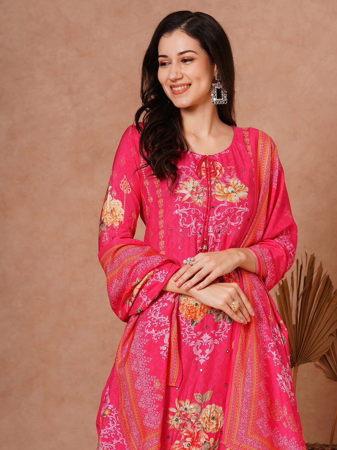 Floral Printed Embroidered Straight Fit Kurta with Pant and Dupatta - Pink