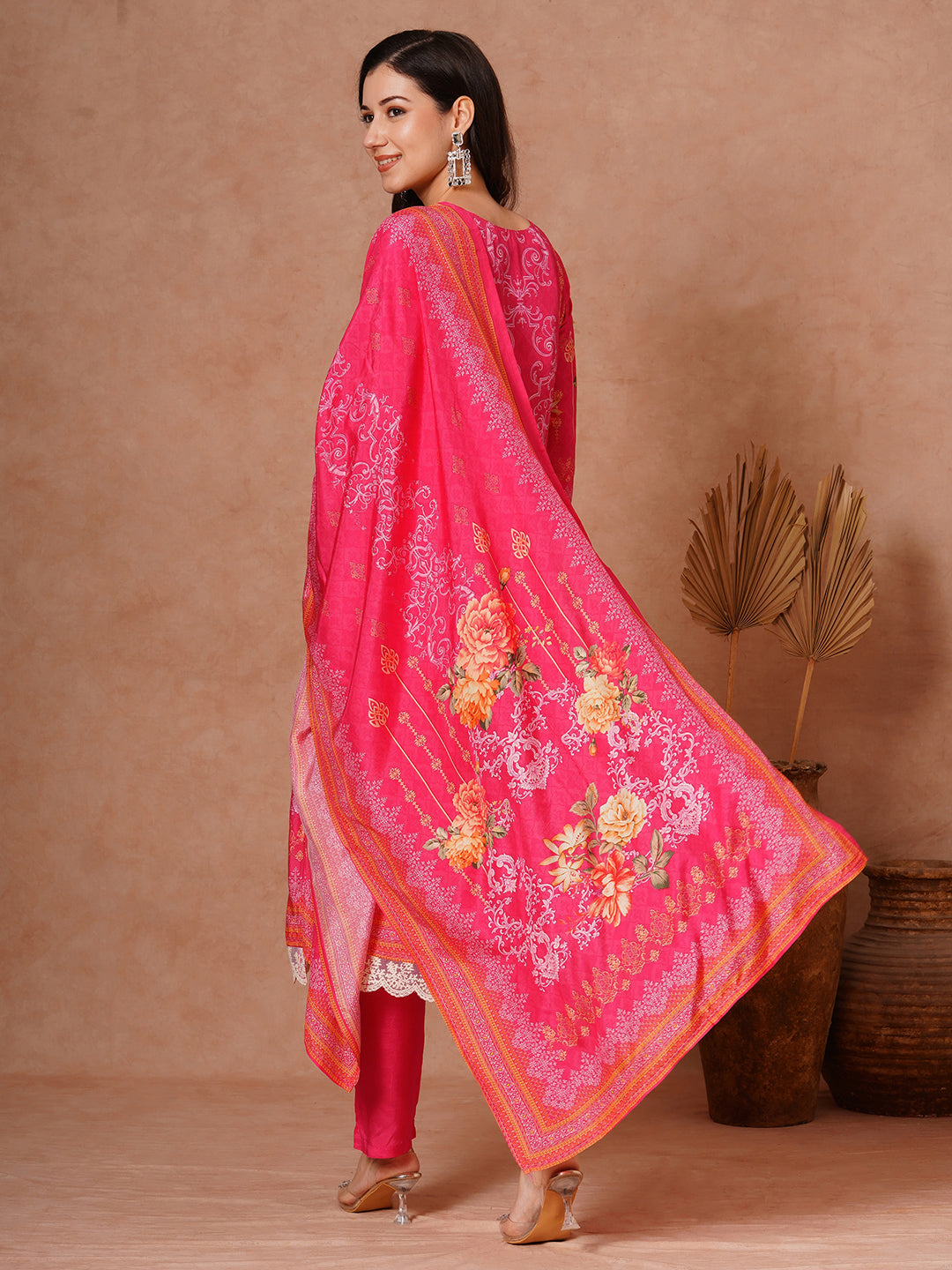 Floral Printed Embroidered Straight Fit Kurta with Pant and Dupatta - Pink