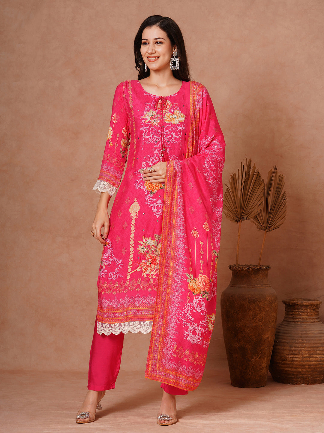 Floral Printed Embroidered Straight Fit Kurta with Pant and Dupatta - Pink