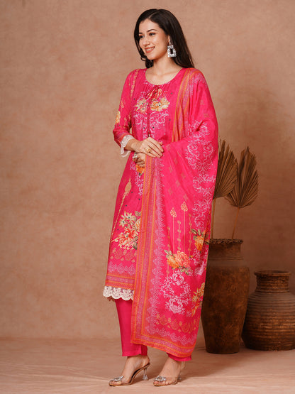 Floral Printed Embroidered Straight Fit Kurta with Pant and Dupatta - Pink