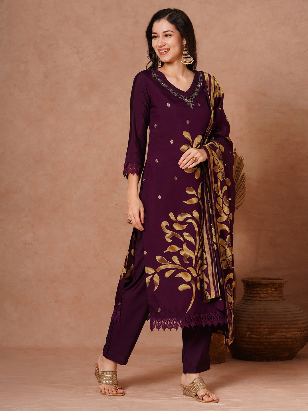 Floral Printed & Embroidered Straight Fit Kurta with Pant and Dupatta - Purple