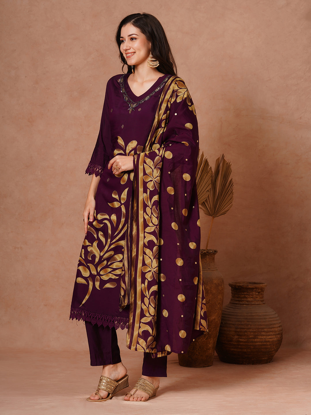 Floral Printed & Embroidered Straight Fit Kurta with Pant and Dupatta - Purple