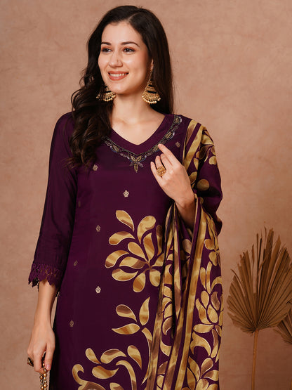 Floral Printed & Embroidered Straight Fit Kurta with Pant and Dupatta - Purple