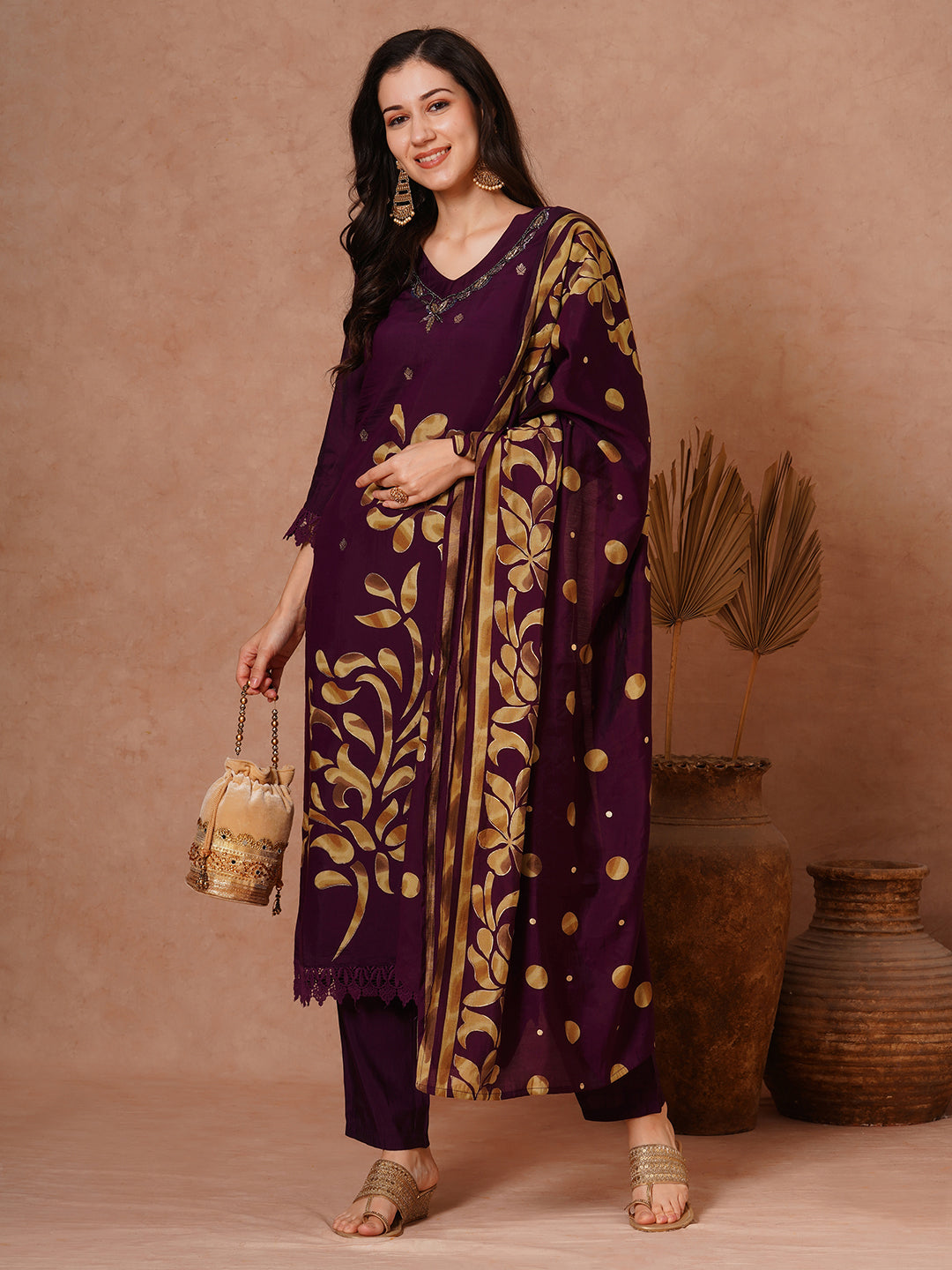 Floral Printed & Embroidered Straight Fit Kurta with Pant and Dupatta - Purple