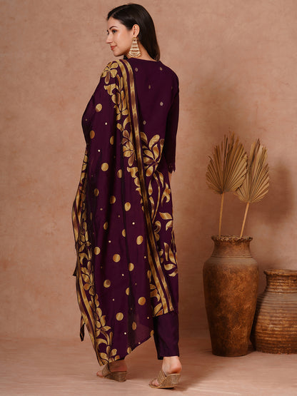 Floral Printed & Embroidered Straight Fit Kurta with Pant and Dupatta - Purple