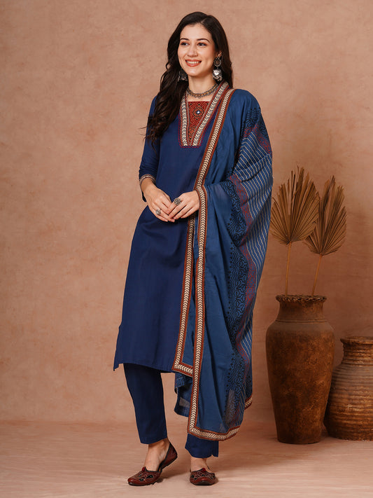 Solid Ethnic Embroidered Straight Fit Kurta with Pant and Printed Dupatta - Teal Blue