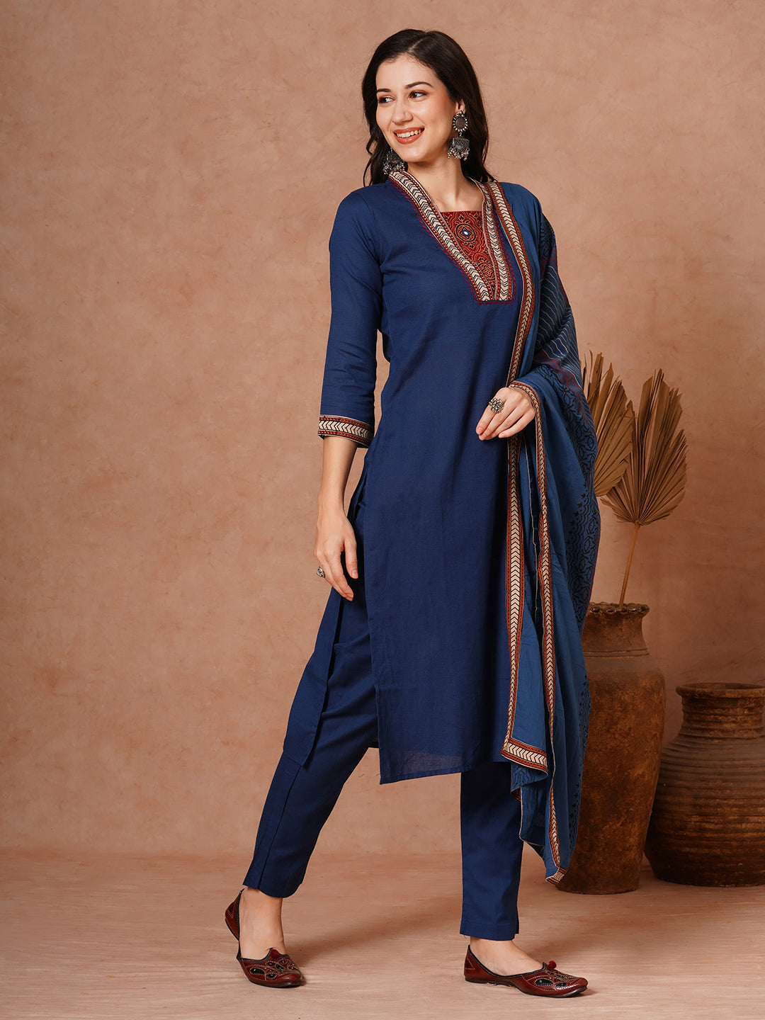 Solid Ethnic Embroidered Straight Fit Kurta with Pant and Printed Dupatta - Teal Blue