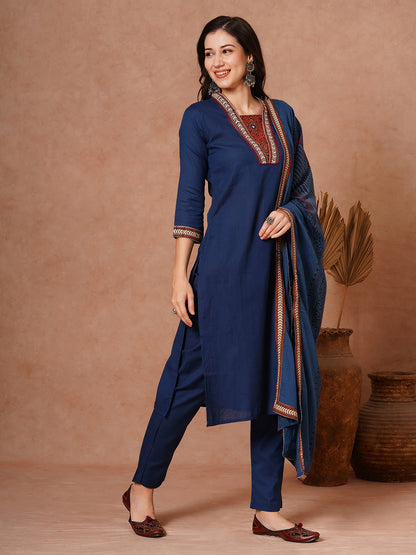 Solid Ethnic Embroidered Straight Fit Kurta with Pant and Printed Dupatta - Teal Blue