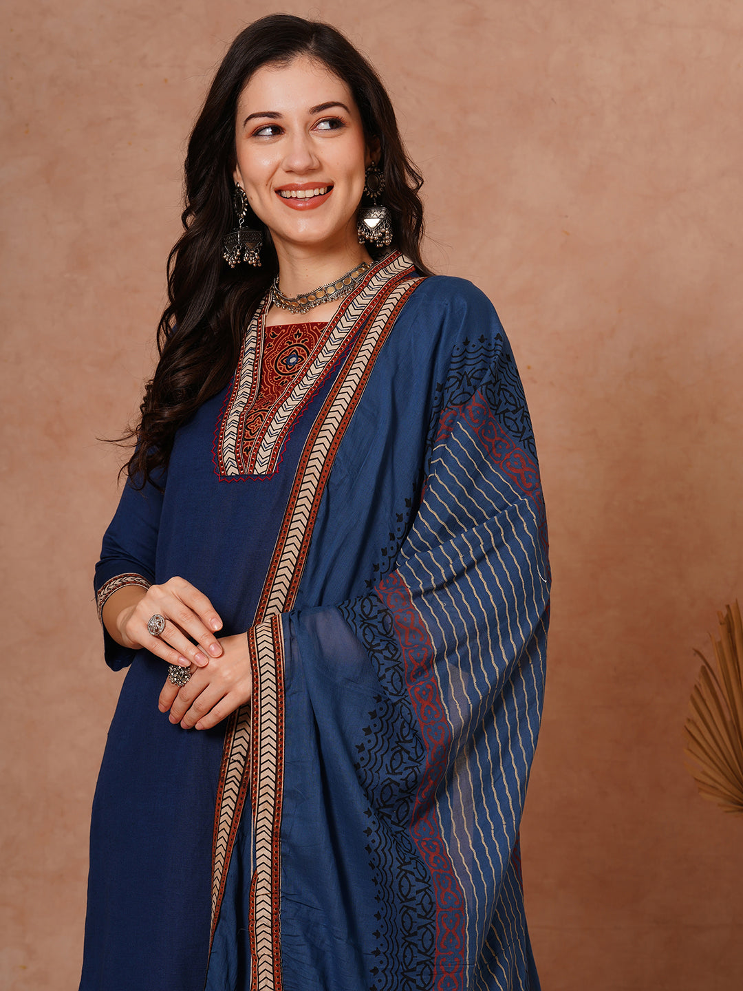 Solid Ethnic Embroidered Straight Fit Kurta with Pant and Printed Dupatta - Teal Blue