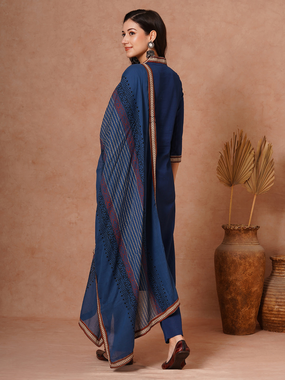 Solid Ethnic Embroidered Straight Fit Kurta with Pant and Printed Dupatta - Teal Blue