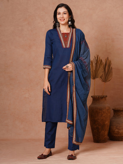 Solid Ethnic Embroidered Straight Fit Kurta with Pant and Printed Dupatta - Teal Blue