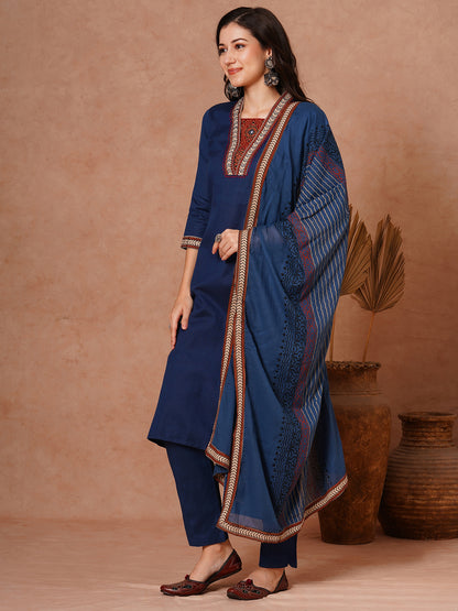 Solid Ethnic Embroidered Straight Fit Kurta with Pant and Printed Dupatta - Teal Blue