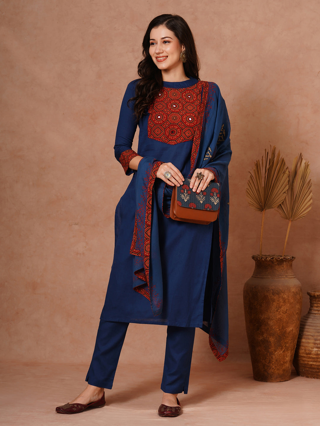 Solid Ethnic Printed Straight Fit Cotton Flax Kurta with Pant and Printed Dupatta - Navy Blue